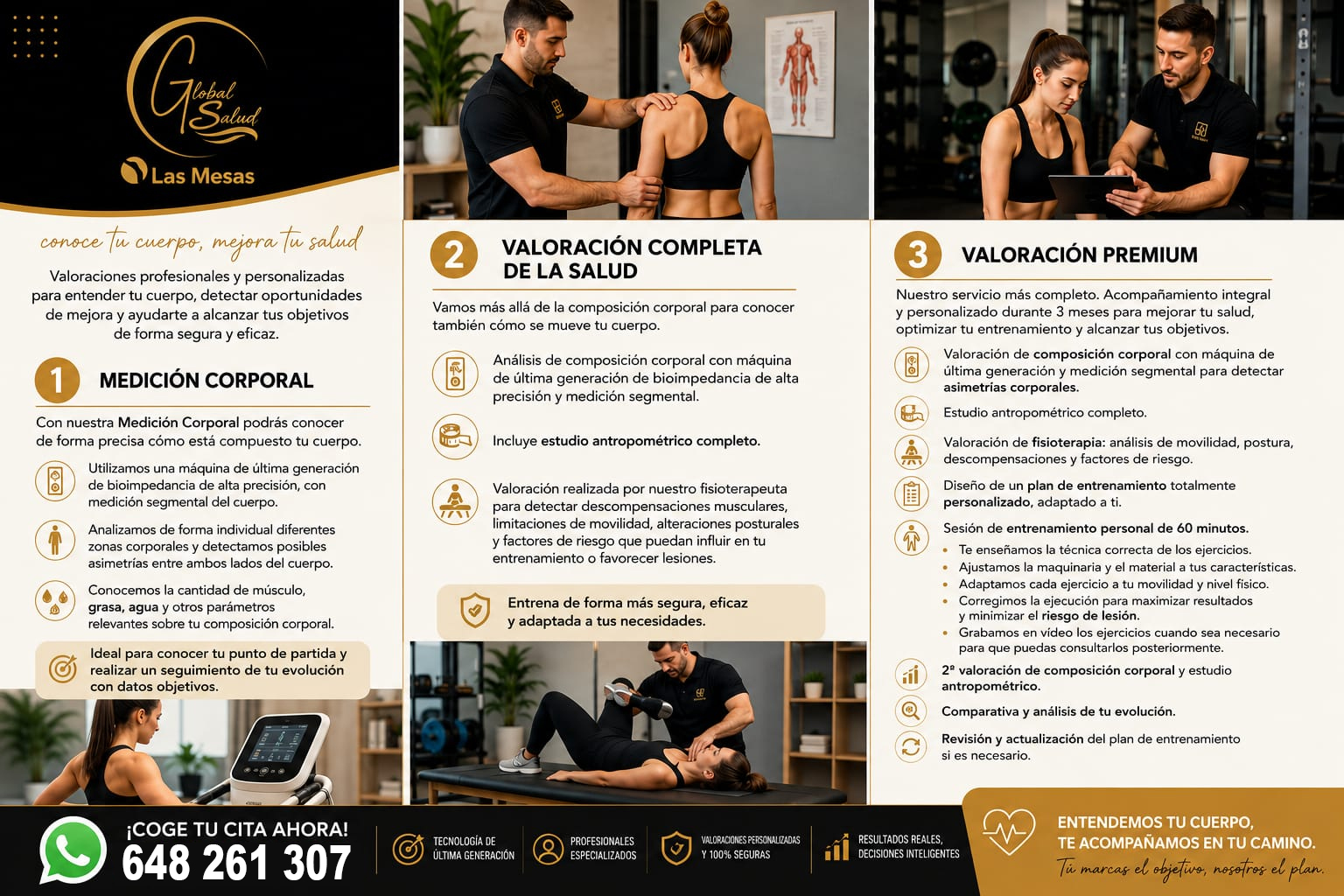 Tipos de valoración: Medición Corporal, Valoración Completa de la Salud y Valoración Premium